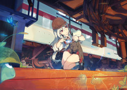 1girl bad_id bad_pixiv_id bug butterfly caisan clipboard flashlight hard-translated insect kneeling leaning_forward loafers long_hair original outdoors red_eyes shoes socks solo third-party_edit train_interior white_hair