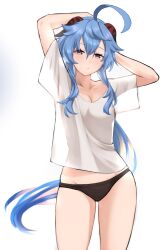 Rule 34 | 1girl, absurdres, ahoge, alternate costume, black panties, blue hair, closed mouth, commentary, curled horns, fav faris, ganyu (genshin impact), genshin impact, goat horns, grey background, hair between eyes, highres, horns, long hair, looking at viewer, midriff peek, panties, red eyes, red horns, shirt, short sleeves, simple background, sleepy, solo, t-shirt, underwear, very long hair, white shirt