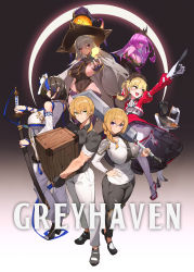 1boy 5girls android aqua_nails arm_up armlet armor bad_id bad_pixiv_id bare_shoulders black_collar black_gloves black_sclera blonde_hair blue_eyes blue_hair blush braid breastplate breasts brown_hair brown_hairband closed_eyes closed_mouth collar collarbone colored_sclera colored_skin copyright_name covered_navel crate crescent crown cup earbuds earphones earrings eyes_visible_through_hair fingerless_gloves fingernails flat_chest flower food frilled_skirt frills gloves glowing green_eyes greyhaven hair_between_eyes hair_flower hair_ornament hairband half-closed_eyes hand_on_own_hip hat highres holding holding_sheath holding_sword holding_teapot holding_tray holding_weapon huge_breasts jack-o&#039;-lantern jewelry katana knee_pads large_breasts leg_up licking licking_lips long_hair long_skirt long_sleeves magic mole mole_on_breast mole_under_eye monster_girl multicolored_gloves multicolored_hair multiple_girls nail_polish open_mouth original over_shoulder pantyhose pastry pauldrons pink_skin pointing pointy_ears ponytail pouring puffy_sleeves purple_eyes purple_gloves purple_hair purple_headwear red_eyes red_skirt scabbard sheath short_hair shoulder_armor single_pauldron skindentation skirt sleeves_rolled_up slime_girl smile standing streaked_hair sword sword_over_shoulder tassel teacup teapot teeth tongue tongue_out towel tray two-tone_gloves upper_teeth_only very_long_hair weapon weapon_over_shoulder white_flower white_gloves white_headwear white_legwear wide_sleeves witch witch_hat yellow_eyes yeong_r6