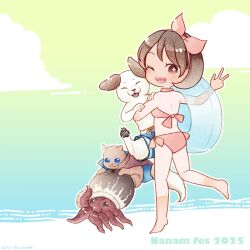 1girl 2025 animal bare_shoulders barefoot bikini blue_cape blue_eyes bluelimbo8888 breasts brown_hair cape cat chibi dog gensou_suikoden gensou_suikoden_ii hair_ribbon hairband halterneck highres holding holding_animal holding_dog holding_swim_ring innertube looking_at_viewer medium_breasts nanami_(suikoden) ocean octopus one_eye_closed pink_bikini pink_hairband pink_ribbon red_cape ribbon short_hair smile swim_ring swimsuit two-sided_cape two-sided_fabric v