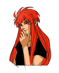 1boy alternate_costume androgynous aquarius_camus black_shirt casual earrings eyelashes hand_to_own_mouth jewelry light_smile long_hair looking_at_viewer lowres male_focus mantles red_eyes red_hair red_nails saint_seiya shirt short_sleeves stud_earrings trap