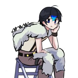 Rule 34 | 1boy, belt, beowulf (skullgirls), beowulf (skullgirls) (cosplay), chair, cosplay, digimon, digimon seekers, looking at viewer, male focus, nagasumi eiji, sitting, skullgirls, solo