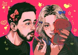 Rule 34 | 1boy, 1girl, applying makeup, applying own makeup, beard, black hair, black jacket, black shirt, blonde hair, blue bow, bow, commentary, cosmetics, doodle background, emily armstrong, facial hair, facial mark, grey eyes, hair bow, hand mirror, heart, heart-shaped pupils, highres, holding, holding lipstick tube, holding mirror, jacket, linkin park, lipstick tube, long sleeves, looking at mirror, medium hair, michael kenji shinoda, mirror, multicolored hair, noriuma, notice lines, portrait, puckered lips, real life, red background, red bow, red lips, roots (hair), shirt, short hair, sleeves past wrists, sparkle, star (symbol), star facial mark, symbol-shaped pupils, t-shirt, teeth, very short hair, wavy hair