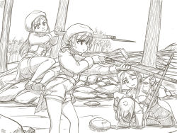 aiming bayonet beret epaulettes greyscale gun hat highres holding holding_weapon kageng long_hair long_sleeves military military_uniform monochrome multiple_girls musket original partially_submerged ponytail river shorts shoulder_support soldier tree war weapon