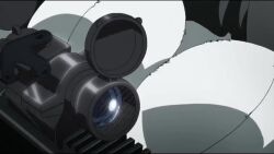 1boy 1girl animated anime_screenshot bouncing_breasts breast_focus breasts covered_erect_nipples green_skirt gun highres highschool_of_the_dead komuro_takashi large_breasts miyamoto_rei rifle school_uniform shirt skirt sniper_rifle sound tagme video weapon white_shirt