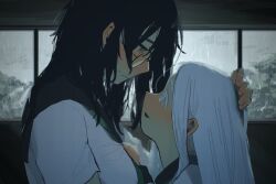 2girls black_hair black_sailor_collar blush ear_blush face-to-face from_side green_eyes green_neckerchief hand_on_another&#039;s_head height_difference highres imminent_kiss indoors long_hair looking_at_another messy_hair mole mole_on_cheek multiple_girls neckerchief nose_blush open_mouth original profile rain sailor_collar school_uniform shirt short_sleeves smile umiseazzz white_eyes white_hair white_shirt window yuri