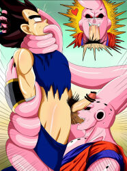 2boys bite_mark biting censored colored_skin dragon_ball dragonball_z erection fangs forced heart majin_buu majinbuusama male_focus multiple_boys muscular muscular_male penis pink_skin red_eyes rough_sex super_buu surprised tentacle_sex tentacles testicles vegeta yaoi