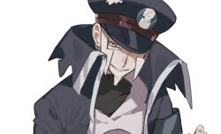 1boy black_coat black_hat black_shirt ccf2q coat collared_coat commentary_request facial_hair goatee grey_hair hat high_collar highres ingo_(pokemon) looking_down male_focus nintendo one_eye_covered open_clothes open_coat parted_lips peaked_cap pearl_clan_outfit pokemon pokemon_legends:_arceus shirt sideburns silver_trim simple_background smile solo teeth torn_clothes torn_coat upper_body white_background