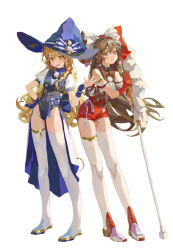 2girls absurdres alternate_costume alternate_headwear_color asymmetrical_gloves blonde_hair blue_bow blue_gloves blue_hat bow braid breasts brown_eyes brown_hair chun_sam closed_mouth clothing_request commentary fingerless_gloves full_body gloves gohei groin hair_bow hakurei_reimu hand_on_own_hip hat hat_bow highres holding holding_gohei kirisame_marisa long_hair looking_at_viewer multiple_girls open_mouth puffy_short_sleeves puffy_sleeves red_bow red_gloves shoes short_sleeves side_braid simple_background single_braid smile symbol-only_commentary thighhighs touhou two-tone_bow uneven_gloves very_long_hair white_background white_bow white_thighhighs witch_hat