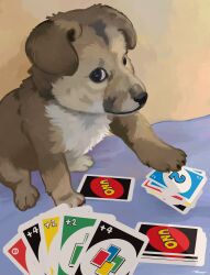 absurdres animal animal_focus brown_background dog doggo_revolution highres looking_at_viewer meme no_humans original solo table uno_(game)