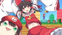 1boy 2girls ascot black_hair bow brown_hair character_request collared_shirt detached_sleeves e.o. frilled_bow frilled_hair_tubes frilled_shirt_collar frilled_skirt frills goomba hair_bow hair_tubes hakurei_reimu highres kotori_photobomb mario mario_(series) medium_hair midriff multiple_girls navel new_super_mario_bros. nintendo red_bow red_eyes red_shirt red_skirt red_vest ribbon-trimmed_sleeves ribbon_trim shirt sidelocks skirt skirt_set sleeveless sleeveless_shirt stomach touhou vest white_sleeves wide_sleeves yellow_ascot yukkuri_shiteitte_ne