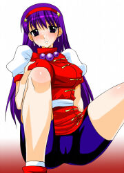 1girl asamiya_athena bike_shorts breasts cameltoe clothes_lift cum cum_on_body dress earrings ebimayo facial female_focus grabbing_own_breast hairband hamaiya jewelry jiggle large_breasts legs_up long_hair looking_at_viewer nipples pale_skin pants purple_eyes purple_hair shiny_clothes shiny_skin shoes shrimp-mayo sitting skirt skirt_lift star_(symbol) the_king_of_fighters thick_thighs thighs tight_clothes tight_pants upskirt wide_hips