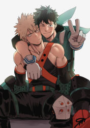 Rule 34 | 2boys, absurdres, aged up, alternate body size, artist name, bakugou katsuki, blonde hair, boku no hero academia, closed mouth, collarbone, commentary, costume, english commentary, freckles, green eyes, green hair, highres, light frown, looking at viewer, male focus, midoriya izuku, multiple boys, one eye closed, pectoral cleavage, pectorals, red eyes, red footwear, single arm hug, smile, spiked hair, suyohara, v, white background