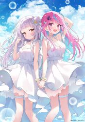 2girls ahoge alternate_costume anchor_hair_ornament anchor_symbol aqua_hair aqua_nails arm_up artist_name ayamy blue_sky blush bow braid breasts bubble choker cleavage closed_mouth cloud cloudy_sky collarbone colored_inner_hair commentary_request crescent crescent_hair_ornament daisy_(flower) day dress flower frilled_dress frills grey_hair hair_bow hair_bun hair_ornament hand_up highres holding_hands hololive large_breasts long_hair minato_aqua multicolored_hair multiple_girls murasaki_shion nail_polish neck_ribbon open_mouth orange_eyes pink_eyes pink_hair pink_nails ribbon single_side_bun sky sleeveless sleeveless_dress smile streaked_hair thigh_strap thighs twitter_username two-tone_hair virtual_youtuber white_bow white_choker white_dress white_ribbon wrist_flower