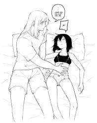 1boy 1girl bishounen bow bow_panties breasts commentary constricted_pupils english_commentary english_text greyscale hand_on_another&#039;s_stomach highres lying medium_hair monochrome on_back original panties shirt shorts small_breasts sports_bra t-shirt underwear underwear_only yblndr