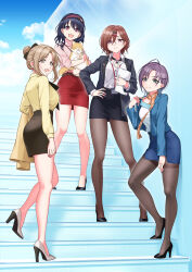 4girls absurdres ahoge animal animal_hug asakura_toru ass bare_legs black_jacket black_shoes black_skirt blue_jacket blue_skirt brown_pantyhose cat collage fukumaru_koito full_body girugiru_(tektonics6588) hand_on_own_hip high_heels highres higuchi_madoka ichikawa_hinana idolmaster idolmaster_shiny_colors jacket lanyard looking_at_viewer mahjong_soul miniskirt multiple_girls noctchill_(idolmaster) office_lady official_alternate_costume pantyhose pencil_skirt pink_sweater red_skirt shirt shirt_tucked_in shoes skirt smile stairs sweater thighband_pantyhose white_shirt yellow_shirt