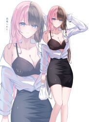 1girl absurdres bag black_bra black_skirt blush bra breasts brown_hair cleavage closed_mouth collarbone haru_(haru83380282) highres holding holding_bag large_breasts long_hair long_sleeves looking_at_viewer multicolored_hair pink_hair plastic_bag purple_eyes shirt simple_background skirt solo split-color_hair tachibana_hinano thighs translation_request two-tone_hair underwear virtual_youtuber vspo! white_background white_shirt zoom_layer