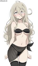 1girl :o absurdres ahoge artist_name bare_arms bare_shoulders bikini black_bikini black_thighhighs blonde_hair blush breasts collarbone cowboy_shot groin hair_between_eyes highres large_breasts long_hair make_heroine_ga_oo_sugiru! navel orange_eyes roswell_ss shikiya_yumeko simple_background skindentation solo stomach swimsuit thighhighs white_background