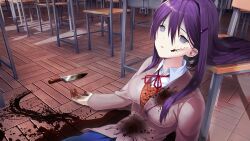 1girl arms_at_sides bags_under_eyes blazer blood blood_on_body blood_on_clothes blood_on_face blood_on_ground blood_on_hands blood_splatter blood_stain blood_trail bloody_knife blue_skirt breasts brown_jacket brown_sweater_vest button_gap buttons classroom collared_shirt corpse day death decay desk doki_doki_literature_club doki_doki_literature_club_school_uniform dot_nose double-parted_bangs dress_shirt dried_blood empty_eyes eyebrows_hidden_by_hair fallen_down fingernails frown game_cg grey_eyes grey_jacket hair_between_eyes hair_intakes hair_ornament hairclip half-closed_eyes highres horror_(theme) impossible_clothes indoors injury jacket knife large_breasts leaning_back leaning_on_object light_frown long_eyelashes long_hair long_sidelocks long_sleeves neck_ribbon non-web_source official_art on_floor open_hands pale_skin parted_lips pleated_skirt pool_of_blood purple_hair raised_inner_eyebrows red_ribbon ribbon satchely school school_desk school_uniform self-harm shirt sidelocks sitting skirt solo spoilers stab suicide sunken_cheeks sunlight sweater_vest teeth thick_eyelashes upper_body variant_set very_long_hair window_shadow wing_collar wooden_chair wooden_desk wooden_floor yuri_(doki_doki_literature_club)