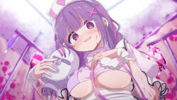 1girl @_@ bandages blood blood_bag blood_on_clothes blood_on_face blurry blurry_background blush breasts commission ear_piercing earrings frills hair_ornament hat heart heart-shaped_pupils highres holding indoors intravenous_drip jewelry large_breasts long_hair looking_at_viewer multicolored_hair nurse nurse_cap open_mouth original piercing pink_blood puffy_sleeves purple_eyes purple_hair shiro9jira short_sleeves skeb_commission smile solo streaked_hair symbol-shaped_pupils underboob upper_body wrist_cuffs x_hair_ornament yandere