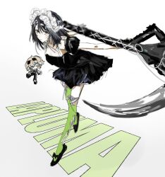 Rule 34 | 1boy, 1girl, arknights, bird girl, black bow, black dress, black hair, black pants, black shirt, black shoes, blue eyes, bow, character name, chibi, dress, eyewear on head, feather hair, frilled headband, frills, full body, green thighhighs, hair between eyes, hair ornament, hairclip, highres, holding, holding scythe, holding weapon, la pluma (arknights), looking at another, pants, puffy short sleeves, puffy sleeves, ribbon, scythe, shirt, shoes, short sleeves, sidelocks, standing, step-siblings, sunglasses, tequila (arknights), thighhighs, umogame, weapon, white background, white ribbon, white shirt