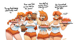 4girls ;) ;d absurdres alex_(minecraft) belly blue_eyes braid breasts cleavage collarbone cup english_text fist_pump food food_on_face freckles game_freak green_eyes grin highres holding holding_cup holding_tray hooters leaning_forward long_hair looking_at_viewer malon mario_(series) milk minecraft misty_(pokemon) multiple_girls navel nintendo ok_sign one_eye_closed open_mouth orange_hair orange_shorts pokemon pokemon_hgss princess_daisy shirt short_hair short_shorts shorts simple_background smile super_mario_land tan tank_top the_legend_of_zelda the_legend_of_zelda:_ocarina_of_time thegreyzen thick_thighs thighs tied_shirt tomboy tongue tongue_out tray white_background wink