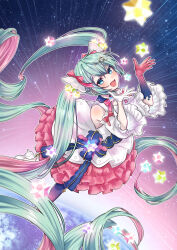 1girl absurdly_long_hair absurdres blue_eyes blush colored_extremities detached_sleeves earth_(planet) emphasis_lines floating full_body gloves hair_ornament hairclip hatsune_miku hatsune_miku_expo highres long_hair looking_at_viewer nibochoro open_mouth planet shirt sleeve_bow solo space star_(sky) twintails very_long_hair vocaloid white_gloves white_shirt
