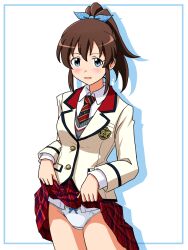 1girl blazer blue_border blue_eyes blue_ribbon blush border bow bow_panties brown_hair commentary cowboy_shot crotch_seam dress_shirt emblem grey_sweater_vest hair_ribbon high_ponytail highres idolmaster idolmaster_million_live! jacket lielos long_sleeves looking_at_viewer medium_hair miniskirt open_mouth panties plaid_clothes plaid_skirt pleated_skirt ponytail red_skirt ribbon satake_minako shadow shirt simple_background skirt smile solo standing sweater_vest underwear white_background white_jacket white_panties white_shirt wing_collar