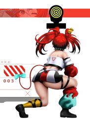 Rule 34 | 1girl, aiming, animal ears, aqua bow, aqua socks, ass, asymmetrical legwear, bare shoulders, black hair, black shoes, black skirt, blackcapbandit, bow, cheese print, collar, commentary, detached sleeves, food print, from behind, goddess of victory: nikke, hakos baelz, hakos baelz (1st costume), highres, hololive, hololive english, meme, microskirt, mismatched legwear, mouse ears, mouse girl, mouse tail, multicolored hair, multicolored skirt, nikke&#039;s shooting pose (meme), red background, red hair, red skirt, red socks, shoe soles, shoes, short hair, skirt, socks, spiked collar, spikes, tail, tail bow, tail ornament, target, target practice, thigh strap, two-tone background, two-tone hair, two-tone socks, virtual youtuber, white background, white skirt, yellow socks