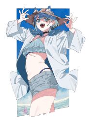 1girl animal_ears fangs hat machi_(wm) navel original shirt shorts solo stomach straw_hat swimsuit