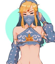 Rule 34 | 1boy, ariel (smaskvxn), blonde hair, blue eyes, circlet, crossdressing, crossdressing (mtf), detached sleeves, gerudo set (zelda), link, looking at viewer, male focus, midriff, mouth veil, navel, nintendo, official alternate costume, solo, stomach, the legend of zelda, the legend of zelda: breath of the wild, trap, upper body, veil