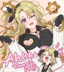 1boy 1girl :3 ahoge black_gloves black_hairband black_shirt blonde_hair blurry blurry_background brown_collar buttons chest_tattoo collar collared_shirt commentary dual_persona english_commentary english_text fangs genderswap genderswap_(mtf) gloves hair_ornament hairband hands_on_own_head hands_up highres holding holding_own_hair jacket jewelry long_hair looking_at_viewer luca_kaneshiro luca_kaneshiro_(1st_costume) mugimugigo necklace nijisanji nijisanji_en off_shoulder one_eye_closed open_mouth pink_background pom_pom_(clothes) pom_pom_hair_ornament purple_eyes shirt short_hair side_ponytail smile swept_bangs t_t tattoo upper_body virtual_youtuber white_jacket