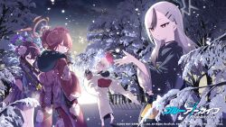 4girls aru_(blue_archive) aru_(new_year)_(blue_archive) black_kimono blue_archive brown_hair ear_piercing floral_print flower gloves hair_flower hair_ornament hairclip halo haruka_(blue_archive) haruka_(new_year)_(blue_archive) highres horns japanese_clothes kayoko_(blue_archive) kayoko_(new_year)_(blue_archive) kimono lace lace_gloves long_hair looking_at_viewer looking_back multicolored_hair multiple_girls mutsuki_(blue_archive) mutsuki_(new_year)_(blue_archive) nogiwa_kaede obi official_alternate_costume piercing print_kimono problem_solver_68_(blue_archive) purple_hair purple_kimono red_kimono sash short_hair snow sunrise two-tone_hair white_hair white_kimono wide_sleeves