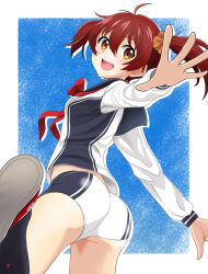 Rule 34 | 1girl, :d, absurdres, ahoge, ass, black sailor collar, black shorts, black socks, blue background, border, foot out of frame, foreshortening, hair between eyes, hair ornament, hair scrunchie, highres, isshiki akane, long sleeves, looking to the side, nao suke, national shin ooshima school uniform, neckerchief, open mouth, orange eyes, orange scrunchie, outside border, outstretched arms, red hair, red neckerchief, red shoes, sailor collar, school uniform, scrunchie, serafuku, shoes, short hair, short shorts, short twintails, shorts, smile, sneakers, socks, solo, standing, standing on one leg, turning head, twintails, two-tone shorts, vividred operation, white border, white shorts