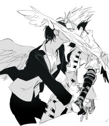 2boys closed_eyes coat collarbone collared_coat collared_shirt covered_eyes cropped_legs earrings eyelashes feathered_wings gloves greyscale holding_hands jacket jewelry kiss male_focus monochrome multicolored_hair multiple_boys nicholas_d._wolfwood open_clothes open_collar open_jacket pants piercing popped_collar reorkkaxxa shirt short_hair spiked_hair suit_jacket trigun trigun_stampede two-tone_hair vash_the_stampede white_background wing_collar wings yaoi
