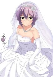 Rule 34 | 1girl, bare shoulders, closed mouth, collarbone, dot mouth, dress, eggplant, elbow gloves, expressionless, flower, glasses, gloves, hair flower, hair ornament, highres, jewelry, looking at viewer, nagato yuki, necklace, rose, signature, skirt basket, sleeveless, sleeveless dress, suzumiya haruhi-chan no yuuutsu, suzumiya haruhi no yuuutsu, tiara, veil, wedding dress, white dress, white flower, white gloves, white rose, yellow eyes, yuiyu ki