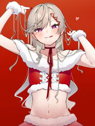 1girl alternate_costume bare_shoulders blonde_hair blush collarbone crop_top facial_mark hair_ornament hairpin komori_met long_hair looking_at_viewer midriff multiple_hairpins navel nea_369 neck_ribbon off-shoulder_shirt off_shoulder pink_eyes playing_with_own_hair red_background red_nails ribbon santa_costume shirt solo tongue tongue_out upper_body virtual_youtuber vspo! wrist_cuffs
