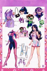 :&gt; artist_name bag barefoot blue_hair breasts brown_hair carol_ferris choker collarbone comic_cover covered_navel dc_comics earrings full_body gouache_(medium) green_lantern green_lantern_(series) hal_jordan handbag high_heels high_ponytail highres jewelry long_hair looking_at_viewer medium_breasts official_art painting_(medium) paper_doll parted_lips ponytail purple_eyes rian_gonzales ring short_hair smile solo_focus star_sapphire_(dc) superhero_costume textless_version traditional_media watercolor_(medium)