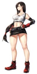 1girl bare_shoulders black_hair black_skirt black_socks boots breasts collarbone commentary crop_top earrings elbow_pads final_fantasy final_fantasy_vii final_fantasy_vii_remake fingerless_gloves fingernails gloves highres jewelry kurone_rinka large_breasts light_smile lips long_hair looking_to_the_side low-tied_long_hair midriff miniskirt navel parted_lips pencil_skirt red_boots red_eyes revision shirt simple_background skirt sleeveless socks solo stomach suspender_skirt suspenders tank_top taut_clothes taut_shirt tifa_lockhart white_background white_tank_top