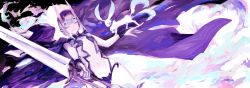 1girl animal bare_shoulders bob_cut breasts collarbone eyeliner fate/grand_order fate_(series) haku_(fate) headpiece highres horns japanese_clothes kimono long_sleeves looking_at_viewer lousun makeup oni purple_eyes purple_hair purple_kimono revealing_clothes short_hair shuten_douji_(fate) skin-covered_horns small_breasts sword weapon wide_sleeves