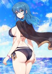 Rule 34 | 1girl, ass, back, beach, bikini, black bikini, black cape, blue eyes, blue hair, blue sky, blush, breasts, cape, closed mouth, covered erect nipples, female byleth (fire emblem), female byleth (summer) (fire emblem), fire emblem, fire emblem: three houses, fire emblem heroes, from behind, large breasts, long hair, looking at viewer, nintendo, official alternate costume, sideboob, sky, smile, solo, swimsuit, sylphy fe, thighs, watermark