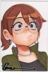 1girl black_eyeliner brown_hair earrings eyeliner glasses green_jacket hoop_earrings jacket jewelry julie_powers makeup necklace omar_dogan pink_lips ponytail round_eyewear scott_pilgrim_(series) scott_pilgrim_takes_off short_hair simple_background thick_lips white_background