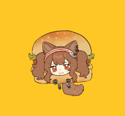 1girl :3 angelina_(arknights) animal_ears arknights black_socks brown_hair burger chibi chinese_commentary commentary_request dot_nose earpiece food foodification fox_ears fox_girl fox_tail hairband long_hair looking_at_viewer red_eyes red_hairband sidelocks simple_background socks solo striped_clothes striped_hairband tail twintails two-tone_hairband yellow_background yu_kongbai_yitong_ronghua