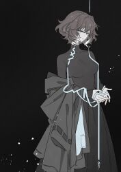 1girl alternate_costume aqua_jacket arknights black_background black_skirt blue_eyes breasts bright_pupils brown_hair chinese_commentary commentary_request compression_shirt grey_jacket hair_between_eyes highres holding holding_jacket holding_unworn_clothes jacket kaleka kjera_(arknights) large_breasts long_skirt long_sleeves looking_at_viewer multicolored_hair multicolored_jacket parted_lips shirt short_hair simple_background skin_tight skirt solo standing two-tone_hair unworn_jacket white_hair white_pupils