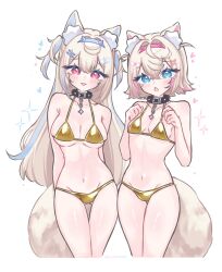 2girls absurdres alternate_costume animal_ear_fluff animal_ears bikini blonde_hair blue_eyes blush breasts collar fuwawa_abyssgard gold_bikini heart highres hololive hololive_english large_breasts long_hair looking_at_viewer midriff mococo_abyssgard multiple_girls open_mouth red_eyes short_hair simple_background small_breasts sparkle swimsuit tail twitter_username virtual_youtuber white_background yamiescupid
