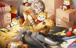 1girl animal_hands artist_request bare_shoulders blonde_hair dog_tail dogenzaka_runa fake_tail gloves green_eyes howler_(p5x) long_hair looking_at_viewer mask official_art one_eye_covered open_mouth paw_gloves persona persona_5 persona_5:_the_phantom_x sitting smile solo stuffed_animal stuffed_dog stuffed_toy tail third-party_source white_mask