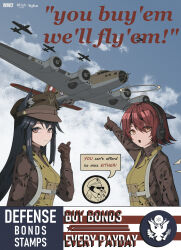 1other 2girls absurdres aircraft airplane animal_ear_fluff animal_ears arknights b-17_flying_fortress bigbiao bird black_hair bomber brown_gloves brown_hat brown_jacket chinese_commentary closed_mouth commentary_request emperor_penguin english_text exusiai_(arknights) gloves hair_over_one_eye halo hat headphones highres insignia jacket life_vest long_hair long_sleeves looking_at_viewer military military_hat military_jacket military_uniform military_vehicle multiple_girls open_mouth penguin pointing propaganda propeller red_eyes red_hair short_hair star_(symbol) texas_(arknights) wolf_ears wolf_girl world_war_ii