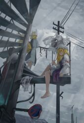 2girls absurdres back barefoot blonde_hair blue_tabard broken_umbrella cloud cloudy_sky dress expressionless fox_girl fox_tail from_side full_body hat highres holding holding_umbrella long_hair long_sleeves looking_at_viewer looking_to_the_side medium_hair mob_cap multiple_girls multiple_tails one_eye_covered power_lines purple_tabard road_sign sashimi_oniku sign sitting sky tabard tail touhou umbrella white_dress yakumo_ran yakumo_yukari yellow_eyes