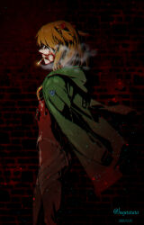 1girl blood blood_on_face bodysuit breasts cigarette dark highres hogerarara hood hooded_coat long_hair looking_to_the_side mecha_pilot_suit neon_genesis_evangelion orange_hair plugsuit_(evangelion) red_bodysuit skin_tight small_breasts smoke solo souryuu_asuka_langley standing twintails