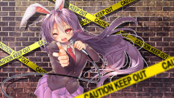 1girl animal_ears blazer breasts caution crescent crescent_pin female_focus index_finger_raised jacket light_purple_hair long_hair long_sleeves looking_at_viewer medium_breasts medium_skirt microphone miyajima_(anthem-anthem) moon_rabbit music necktie one_eye_closed pink_skirt pleated_skirt purple_hair rabbit_ears red_eyes red_necktie reisen_udongein_inaba shirt singing skirt solo touhou very_long_hair